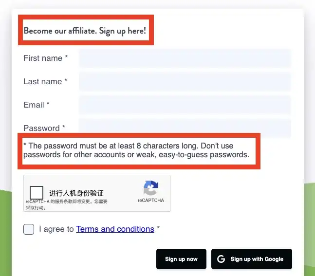 screenshot of Diib's affiliate registration page on a tapfiliate dot com subdomain, showing identical wording for the heading and password rules.