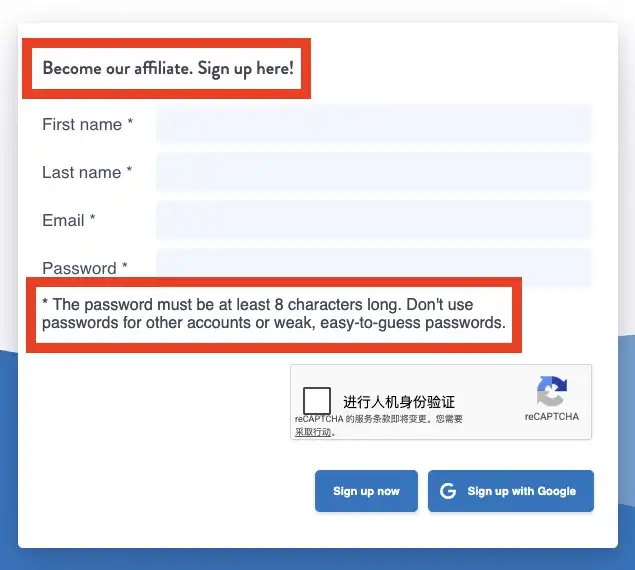A screenshot of Filemail's affiliate signup form on their custom subdomain, with red boxes highlighting the standard Tapfiliate sign up heading and password text.