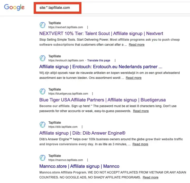 A Google search results page for "site:*.tapfiliate.com," displaying various brand affiliate signup pages like NEXTVERT, Blue Tiger USA, and Diib hosted on Tapfiliate's infrastructure.