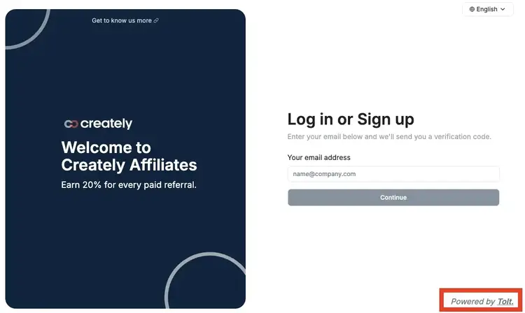 Identifying the "Powered by Tolt" footprint on the Creately affiliate portal.