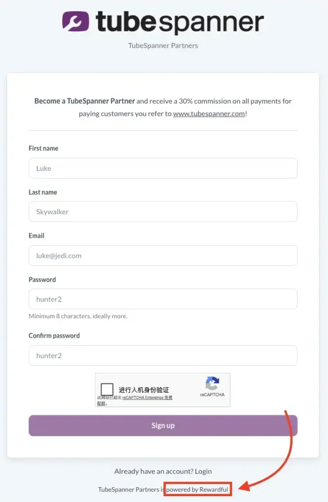 A screenshot of the TubeSpanner affiliate registration page with a red arrow pointing to the "powered by Rewardful" label in the footer.