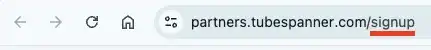 A browser address bar showing the URL partners.tubespanner.com/signup with a red underline emphasizing the signup path.