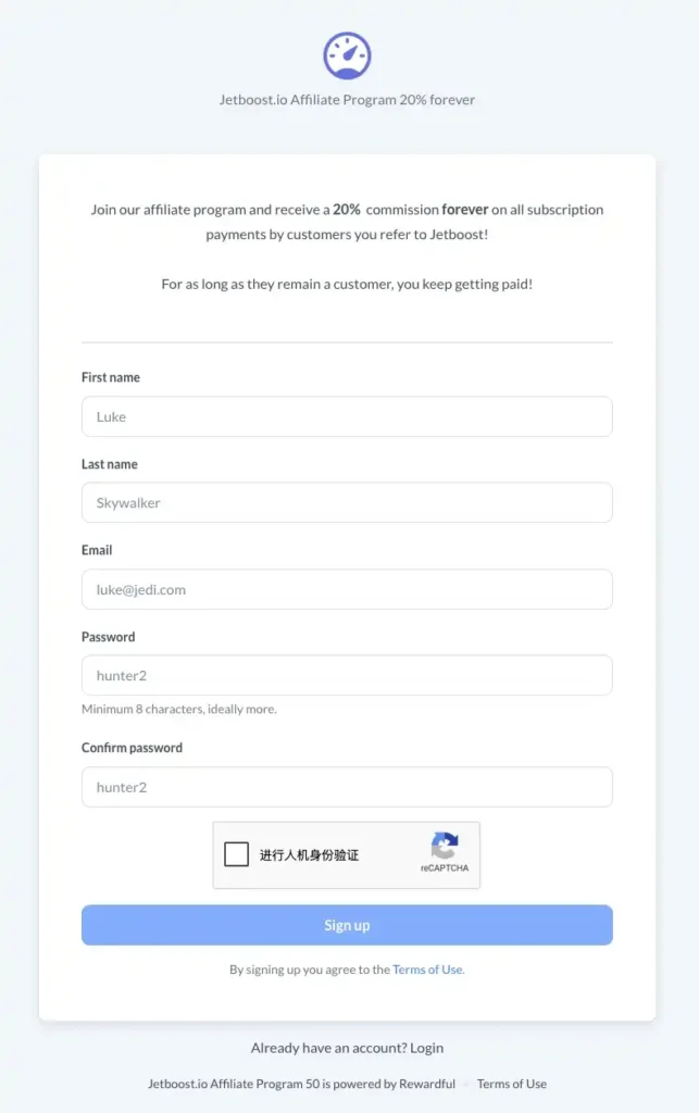 A screenshot of a simple SaaS affiliate signup form powered by Rewardful, showing fields for only name, email, and password with no requirement for a website URL or traffic stats.