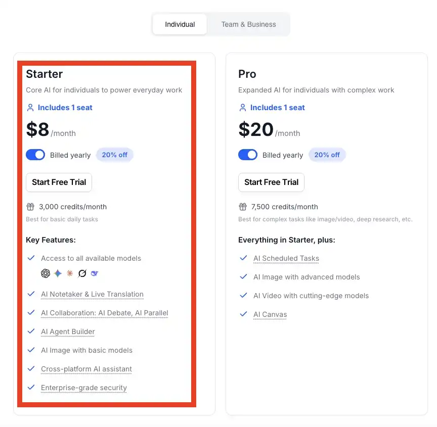 aaS pricing page showing Starter plan at $8 per month and Pro plan at $20 per month billed yearly, both including a free trial option for individual users.