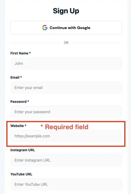 A SaaS affiliate sign-up form showing a mandatory website URL field highlighted as a required field.
