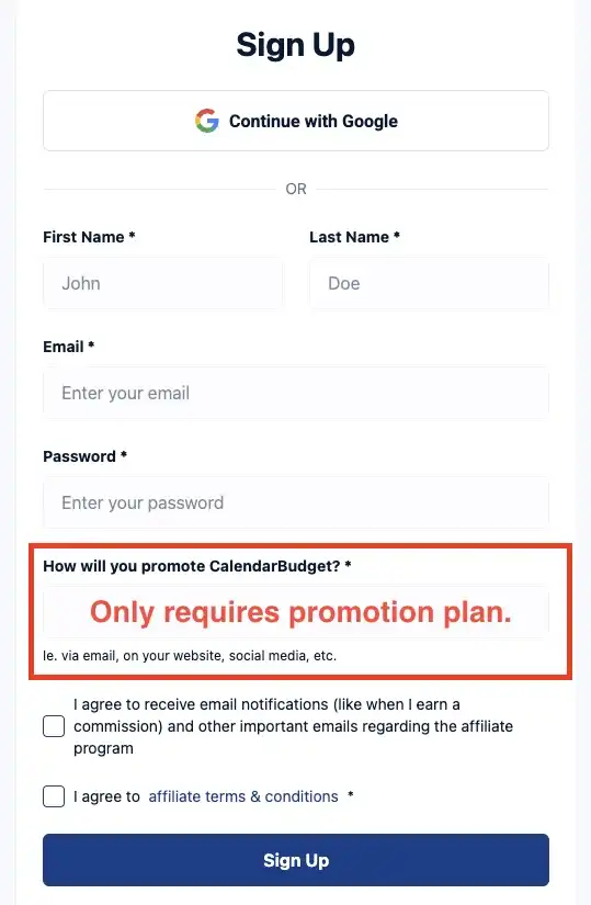 A SaaS affiliate sign-up form showing optional fields for social media URLs and a required text box for a promotional plan instead of a mandatory website.