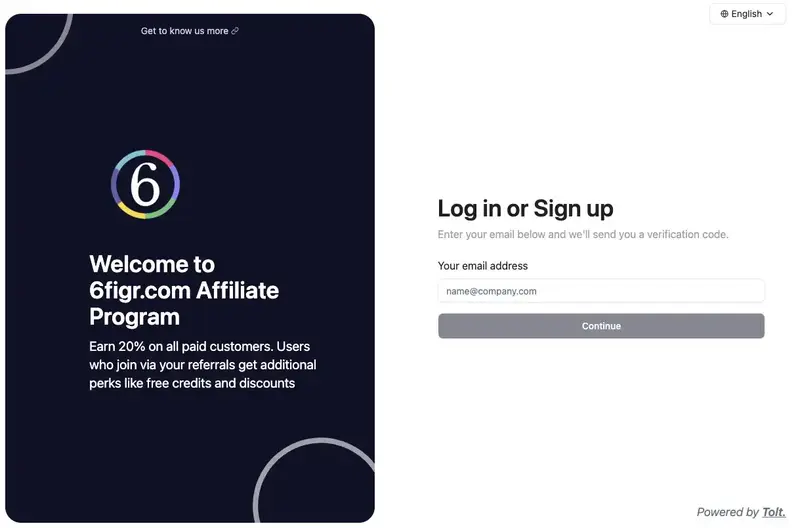 6figr affiliate program signup page powered by Tolt with no promotional terms listed