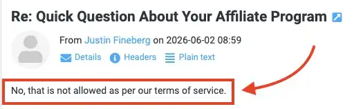 Cassidy AI affiliate program email reply rejecting Google Ads promotion