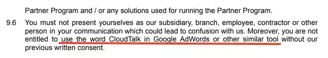 CloudTalk affiliate terms section 9.6 restricting use of brand name in Google AdWords