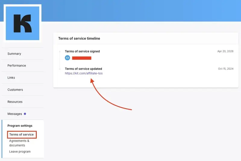 PartnerStack affiliate dashboard showing Terms of Service location under Program Settings