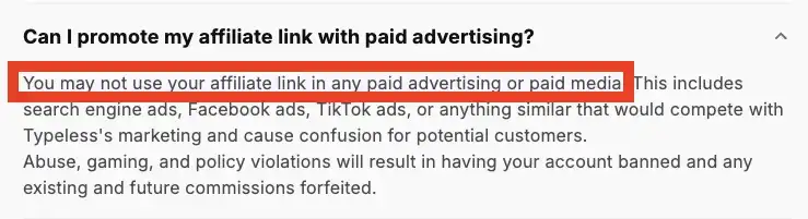 Typeless affiliate program FAQ showing paid advertising is not allowed